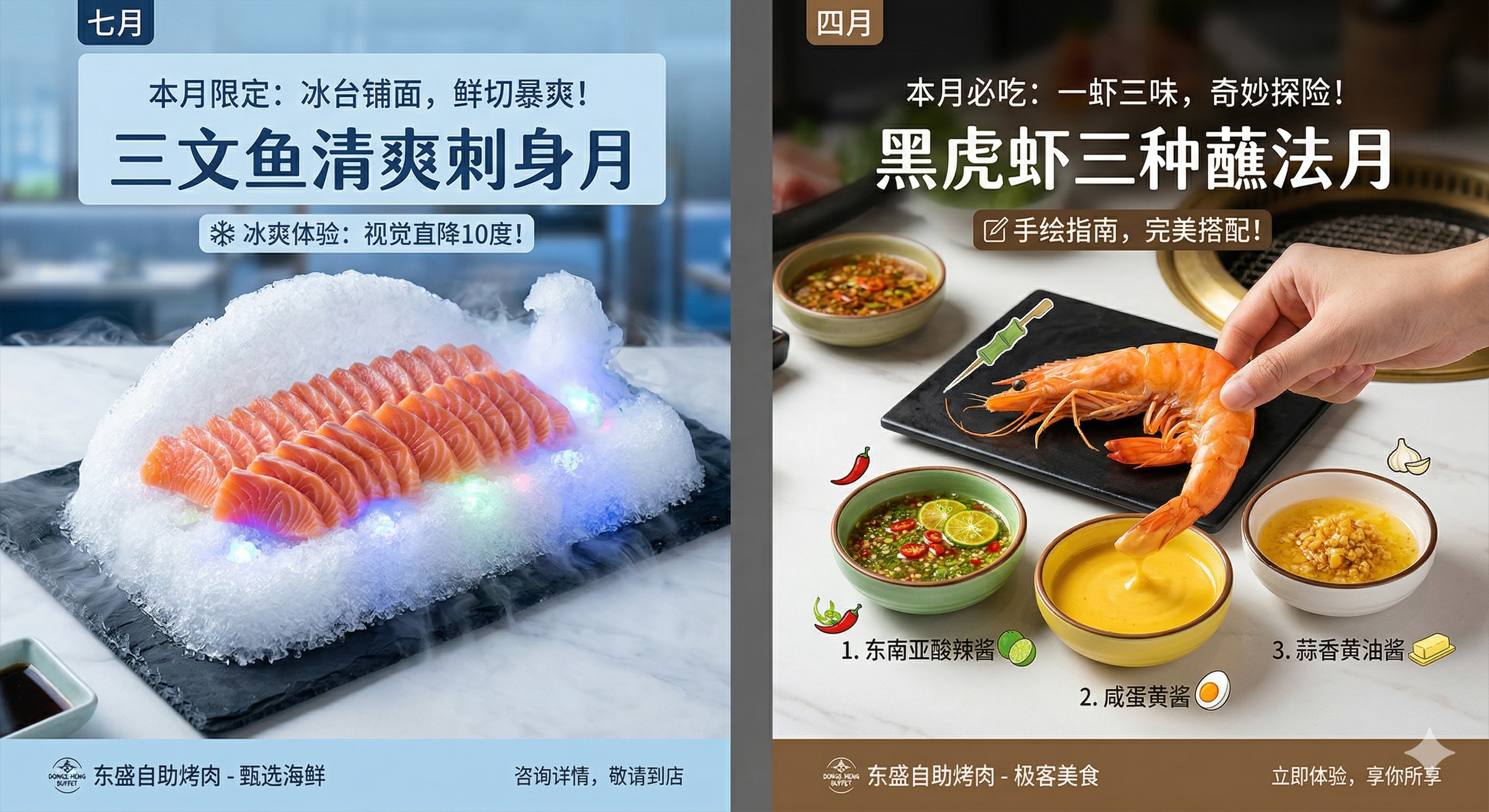 月度主题海报示例：三文鱼清爽刺身月、黑虎虾三种蘸法月